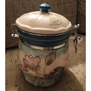 Gorgeous LIVING QUARTERS FloralButterfly HandPainted China CANISTER HingeSealLid